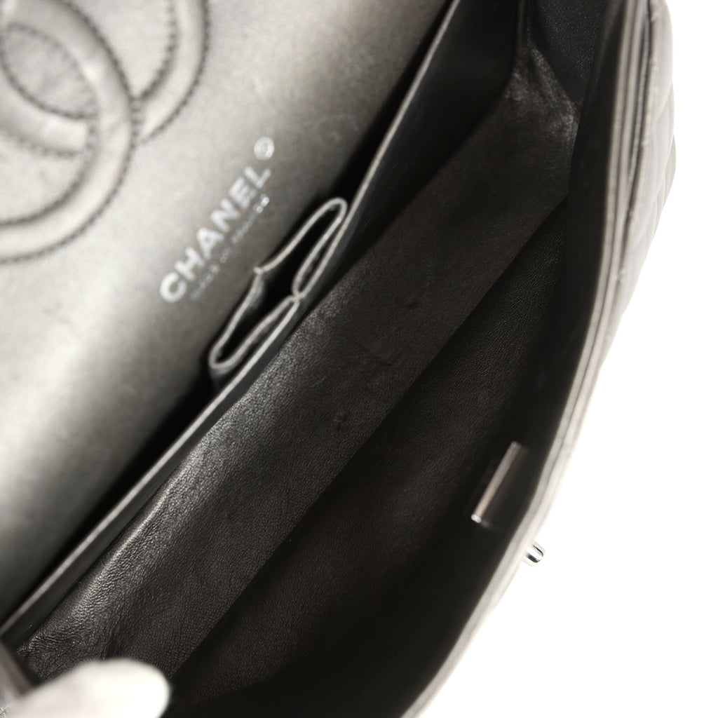 Chanel Medium Classic Double Flap Bag Metallic Grey Lambskin Silver Hardware