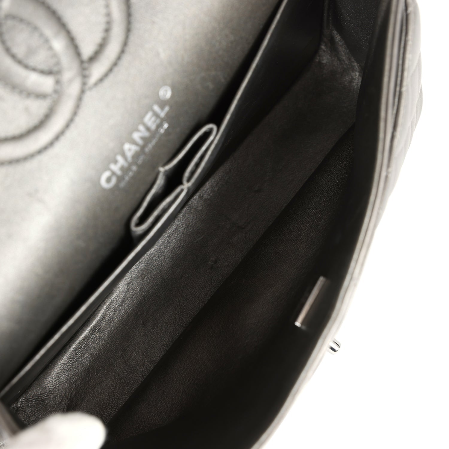 Chanel Medium Classic Double Flap Bag Metallic Grey Lambskin Silver Hardware