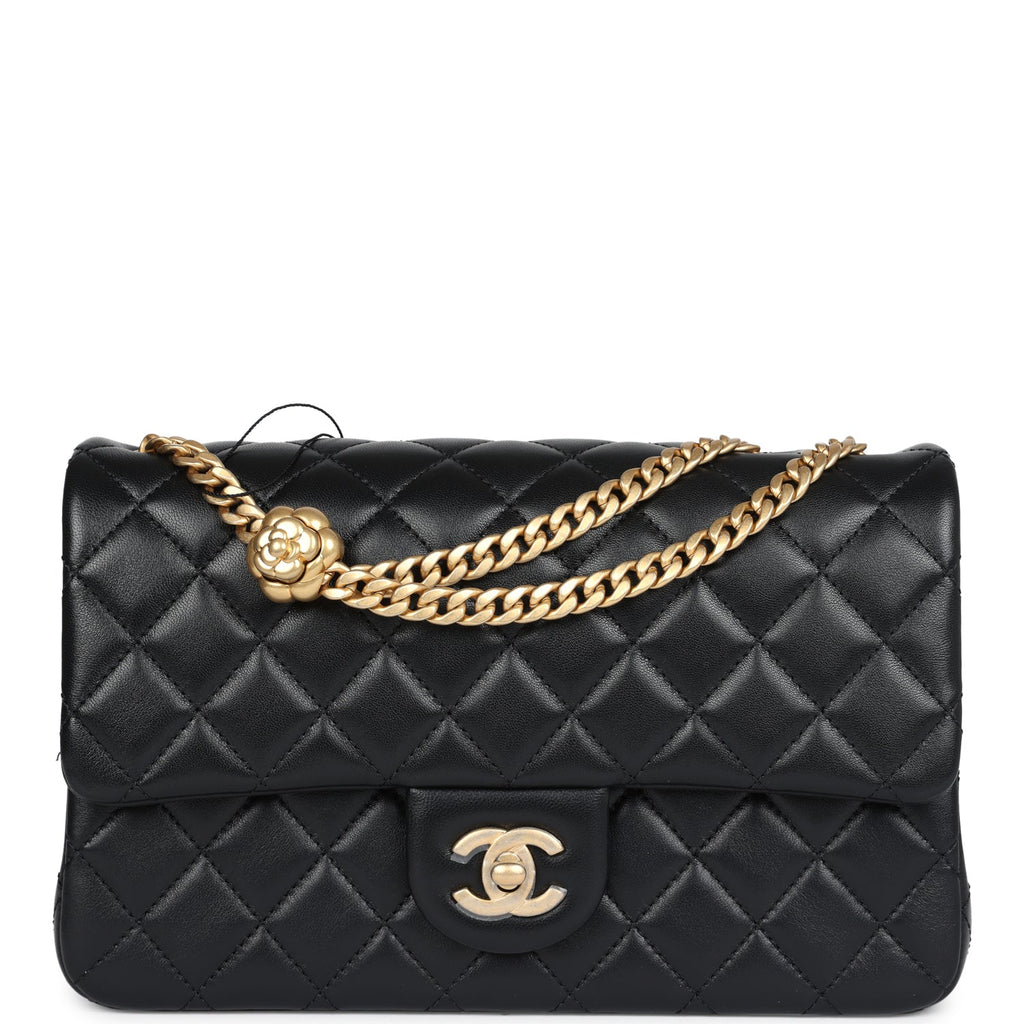 Chanel Medium Camellia Crush Flap Bag Black Lambskin Antique Gold Hardware