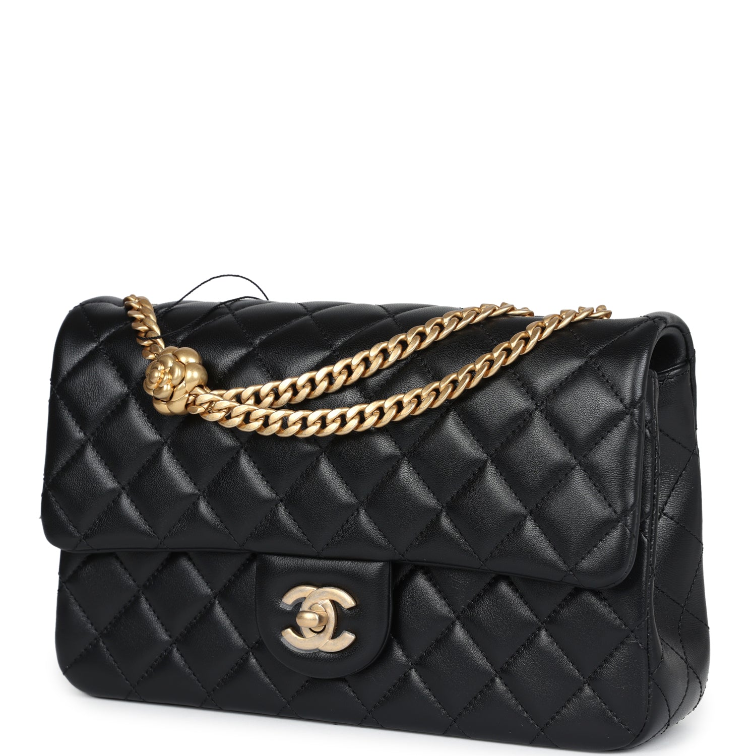 Chanel Medium Camellia Crush Flap Bag Black Lambskin Antique Gold Hardware