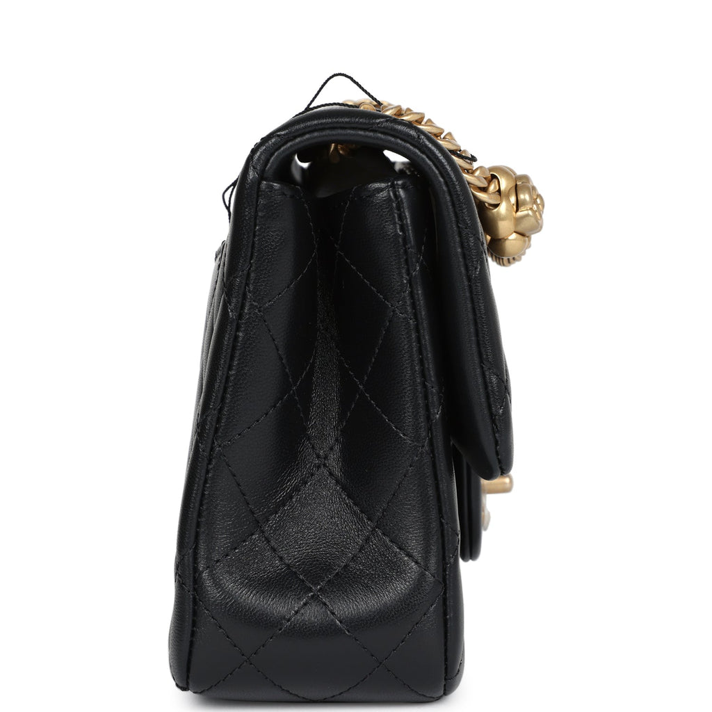 Chanel Medium Camellia Crush Flap Bag Black Lambskin Antique Gold Hardware