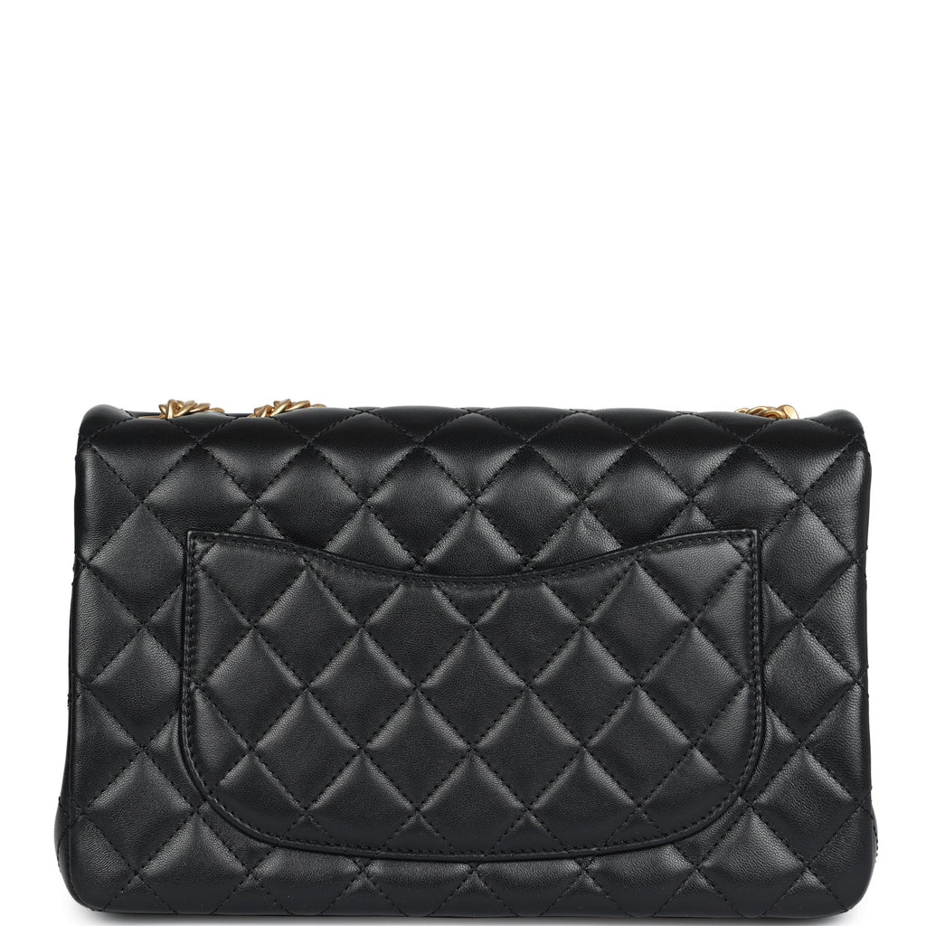 Chanel Medium Camellia Crush Flap Bag Black Lambskin Antique Gold Hardware