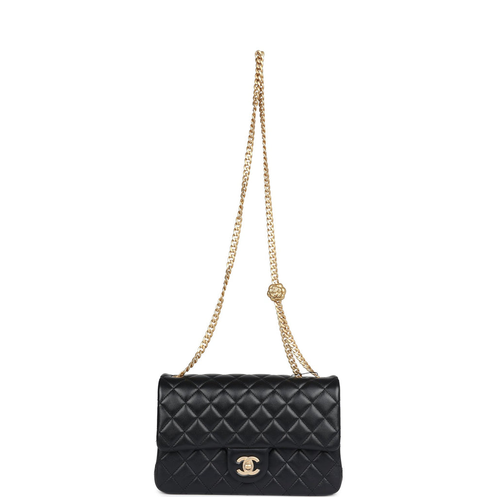 Chanel Medium Camellia Crush Flap Bag Black Lambskin Antique Gold Hardware