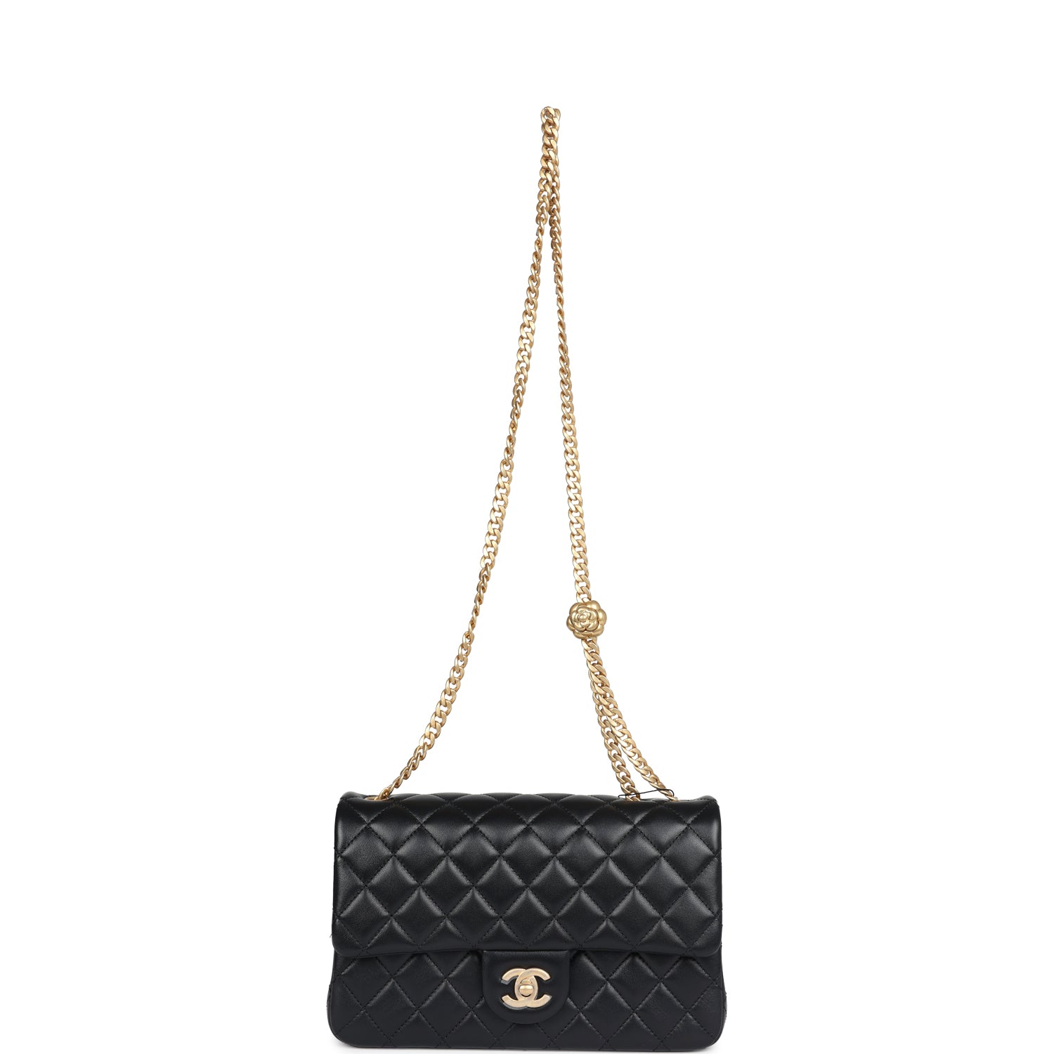 Chanel Medium Camellia Crush Flap Bag Black Lambskin Antique Gold Hardware