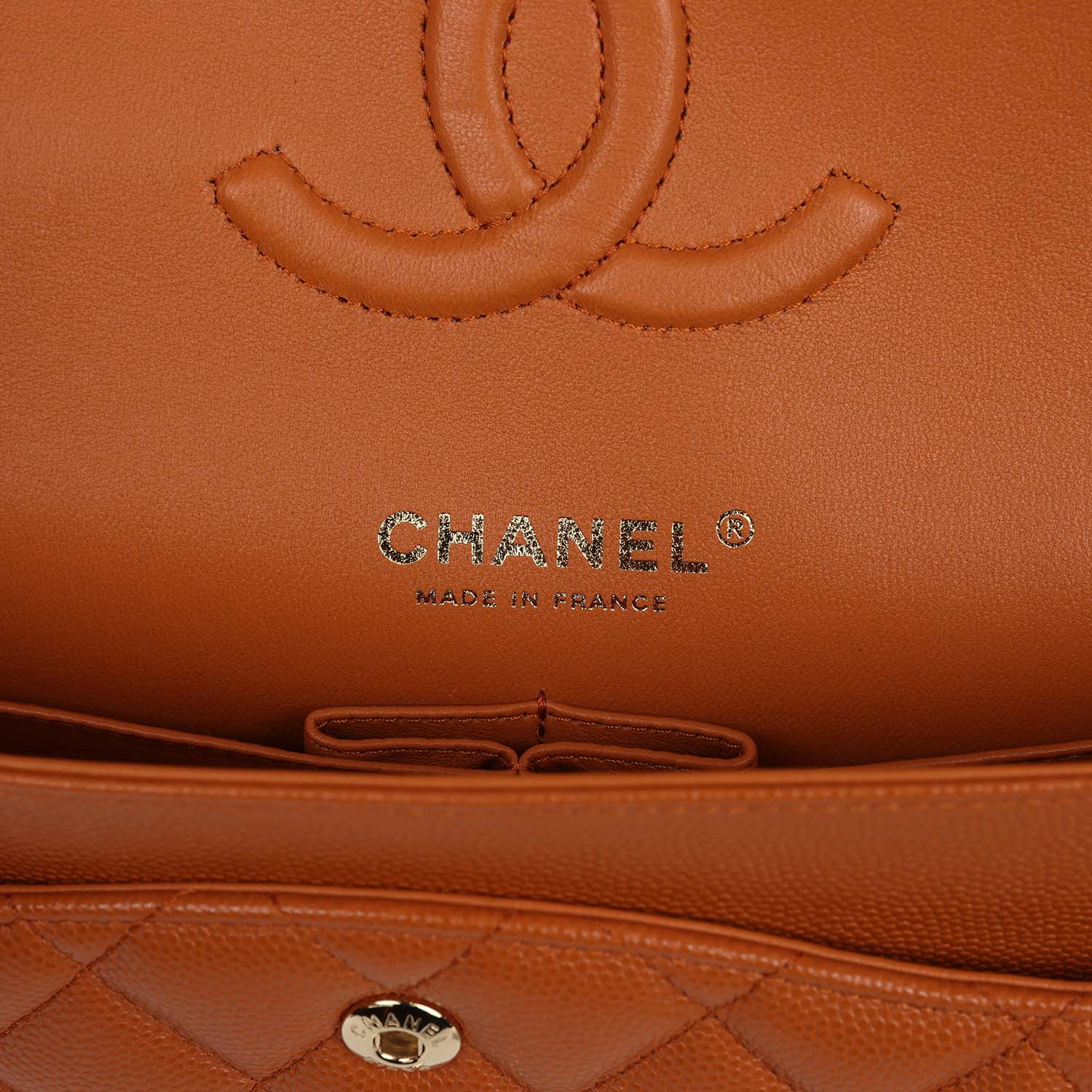 Chanel Medium Classic Double Flap Bag Caramel Shiny Caviar Light Gold Hardware