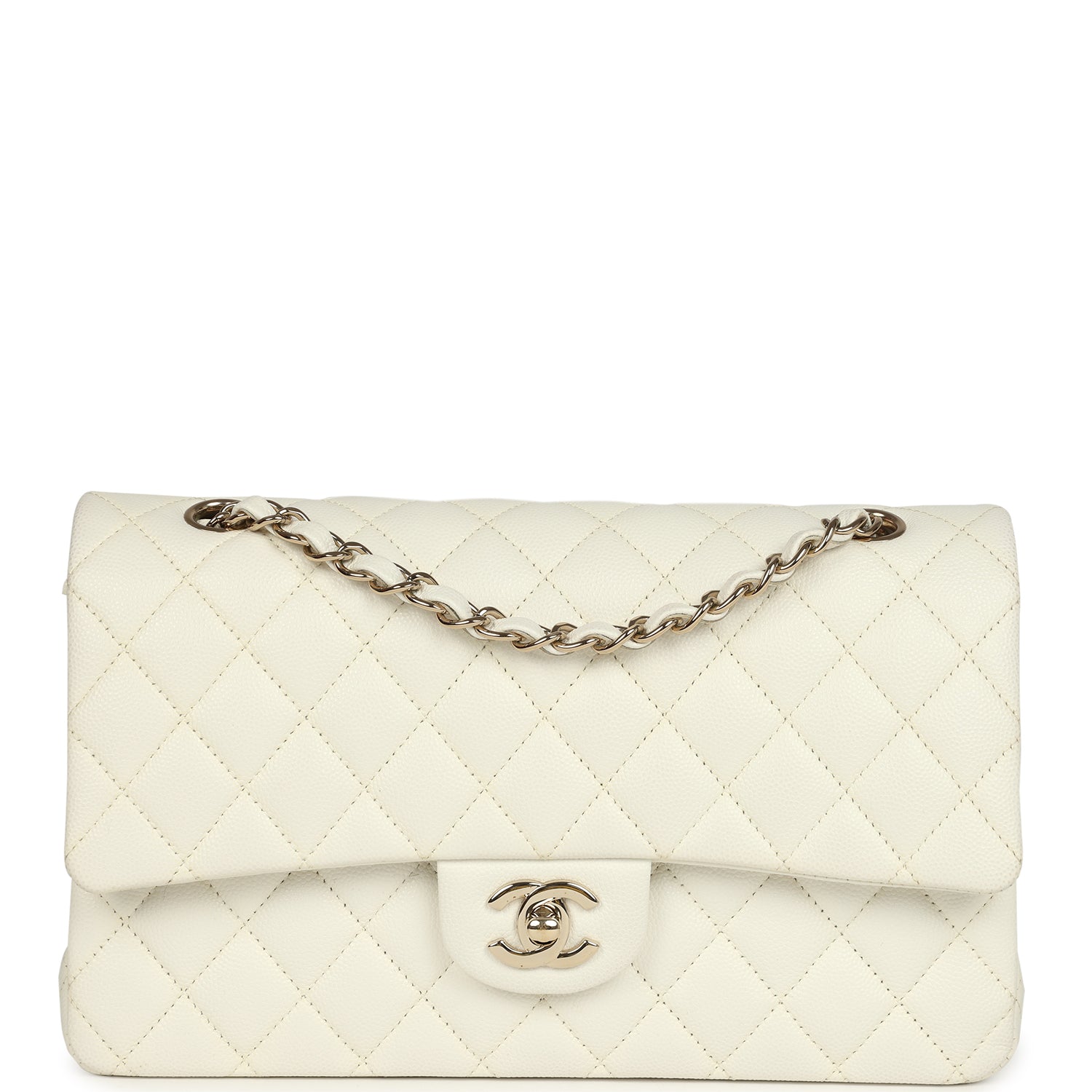 Chanel Medium Classic Double Flap White Caviar Light Gold Hardware