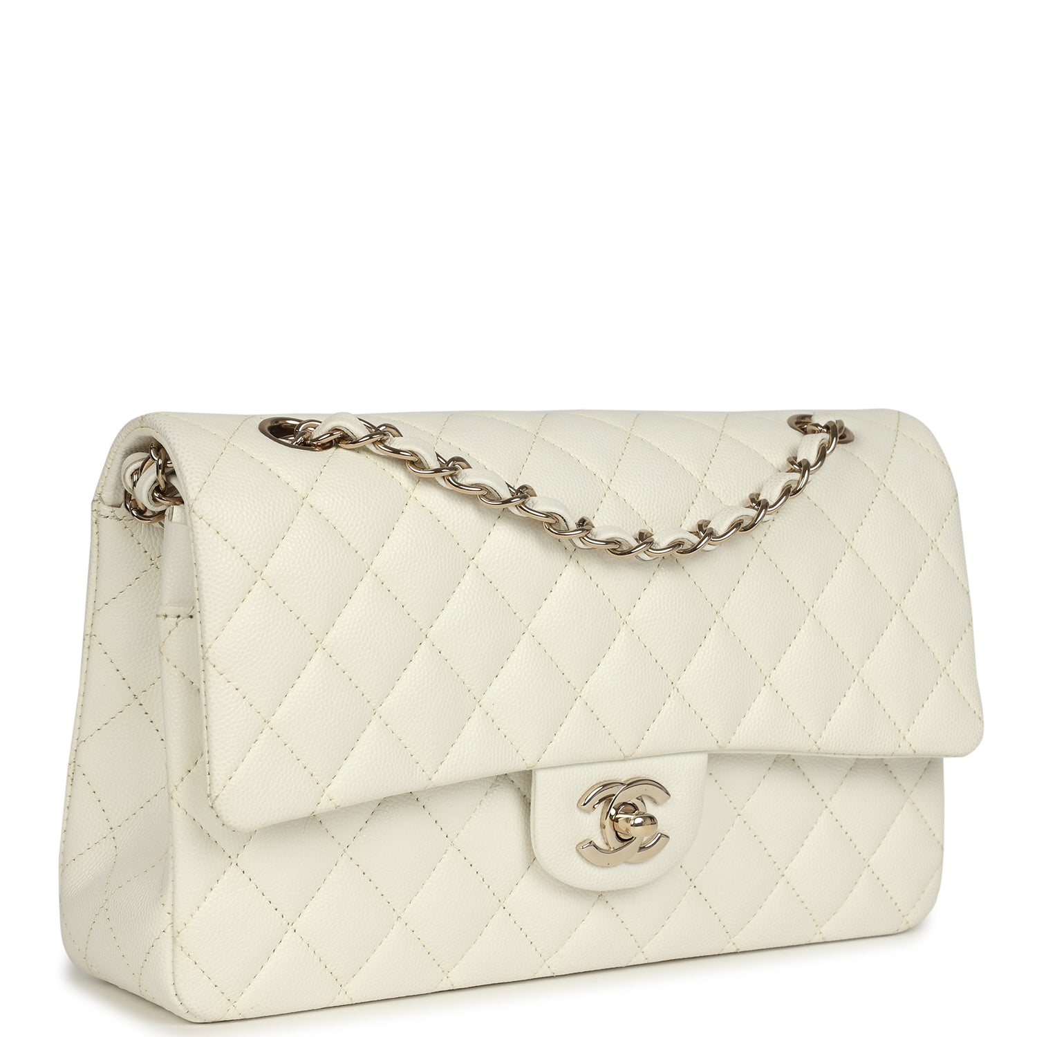Chanel Medium Classic Double Flap White Caviar Light Gold Hardware