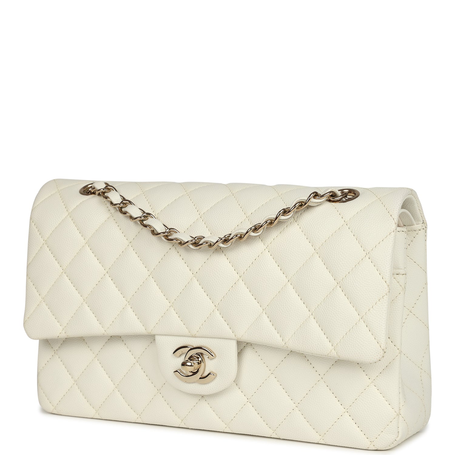 Chanel Medium Classic Double Flap White Caviar Light Gold Hardware