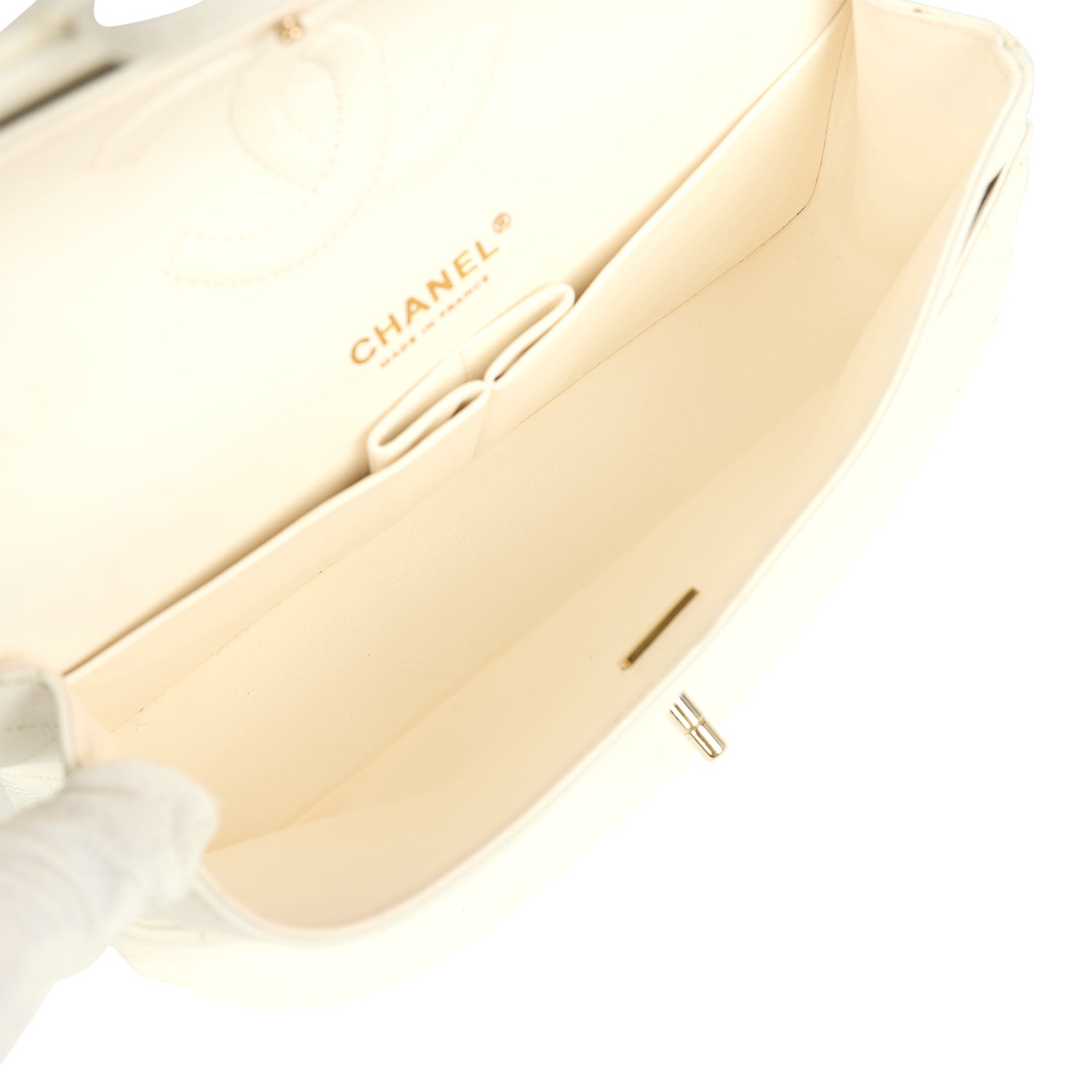Chanel Medium Classic Double Flap White Caviar Light Gold Hardware