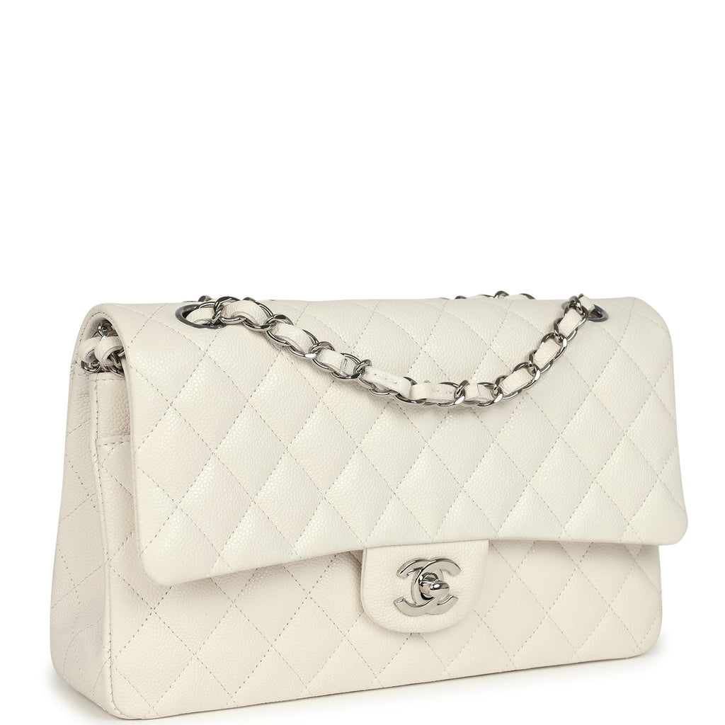 Chanel Medium Classic Double Flap White Shiny Caviar Silver Hardware