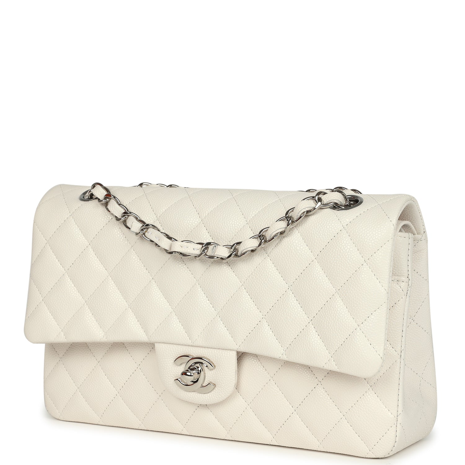 Chanel Medium Classic Double Flap White Shiny Caviar Silver Hardware