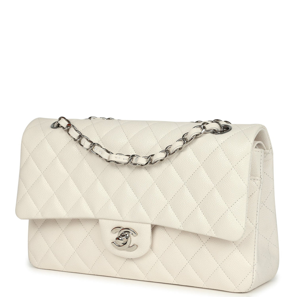 Chanel Medium Classic Double Flap White Shiny Caviar Silver Hardware
