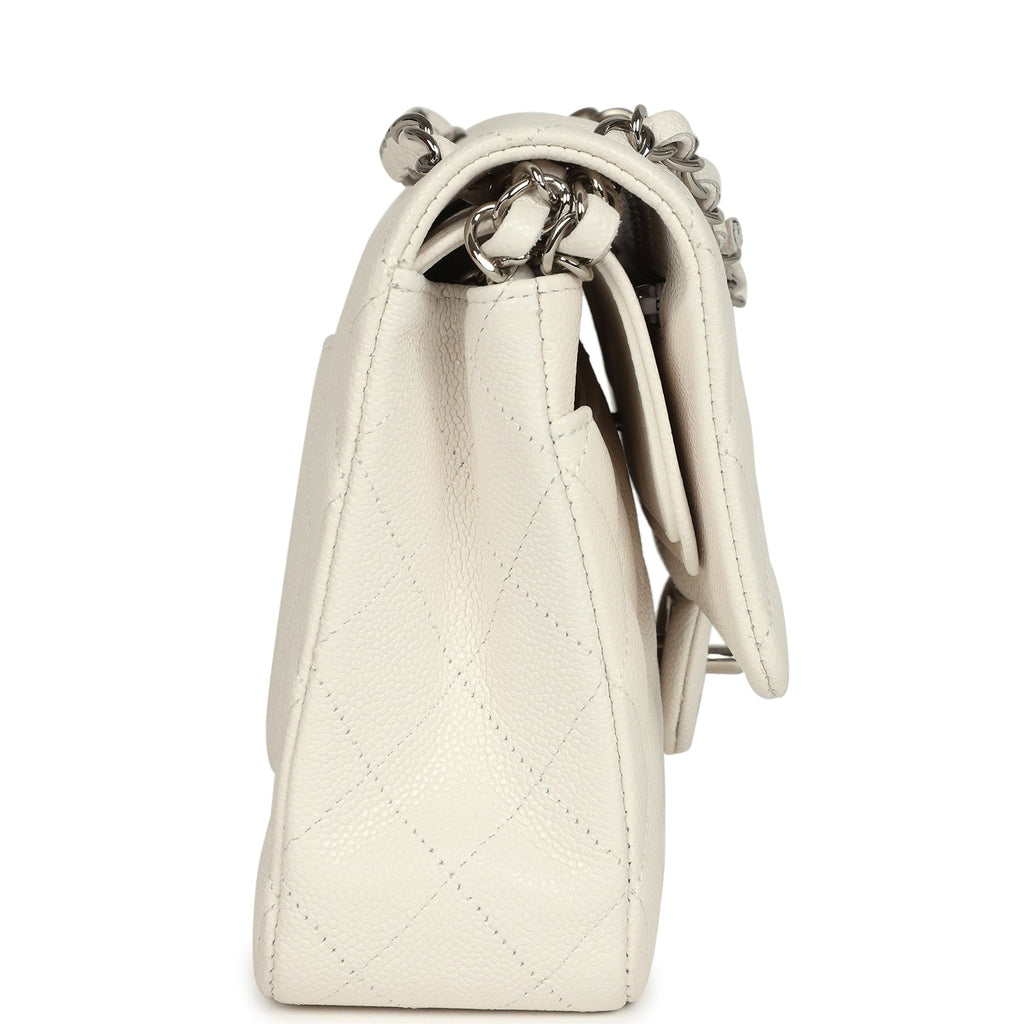 Chanel Medium Classic Double Flap White Shiny Caviar Silver Hardware