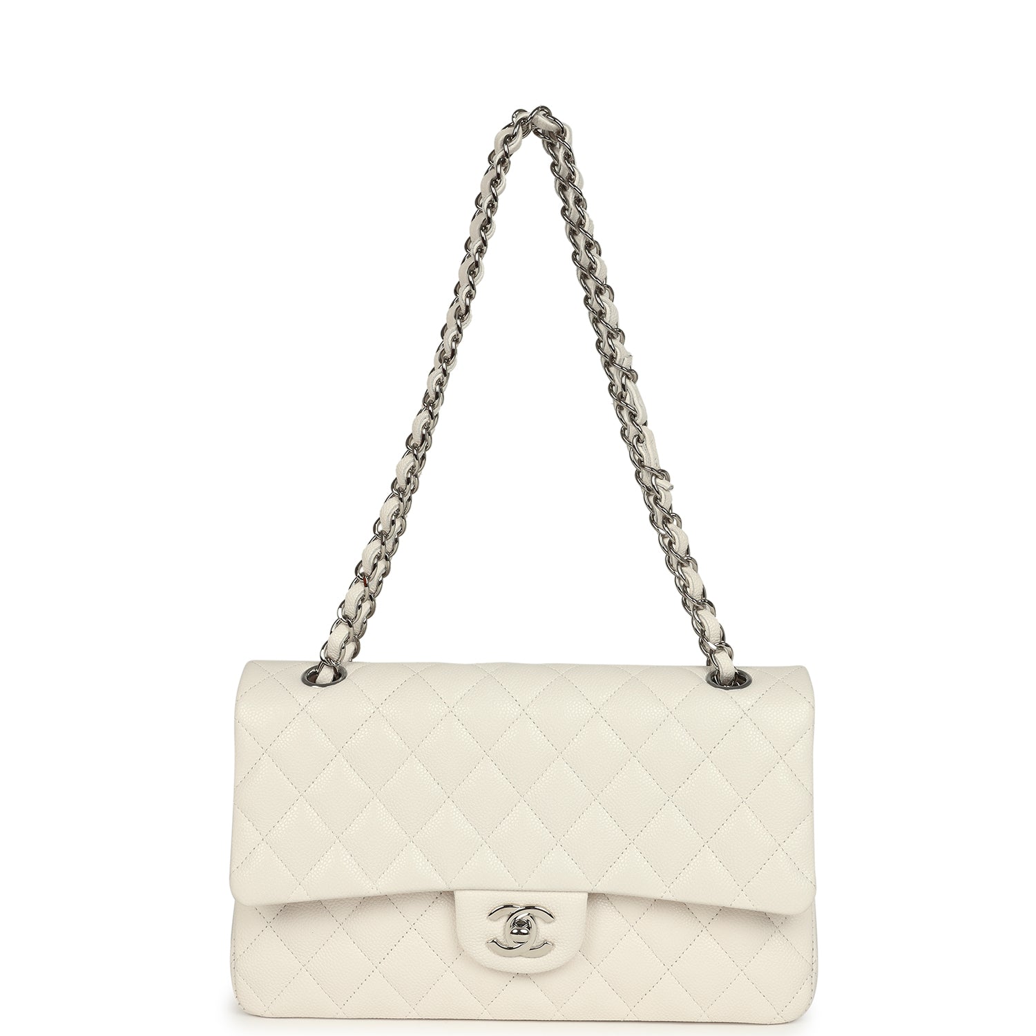 Chanel Medium Classic Double Flap White Shiny Caviar Silver Hardware