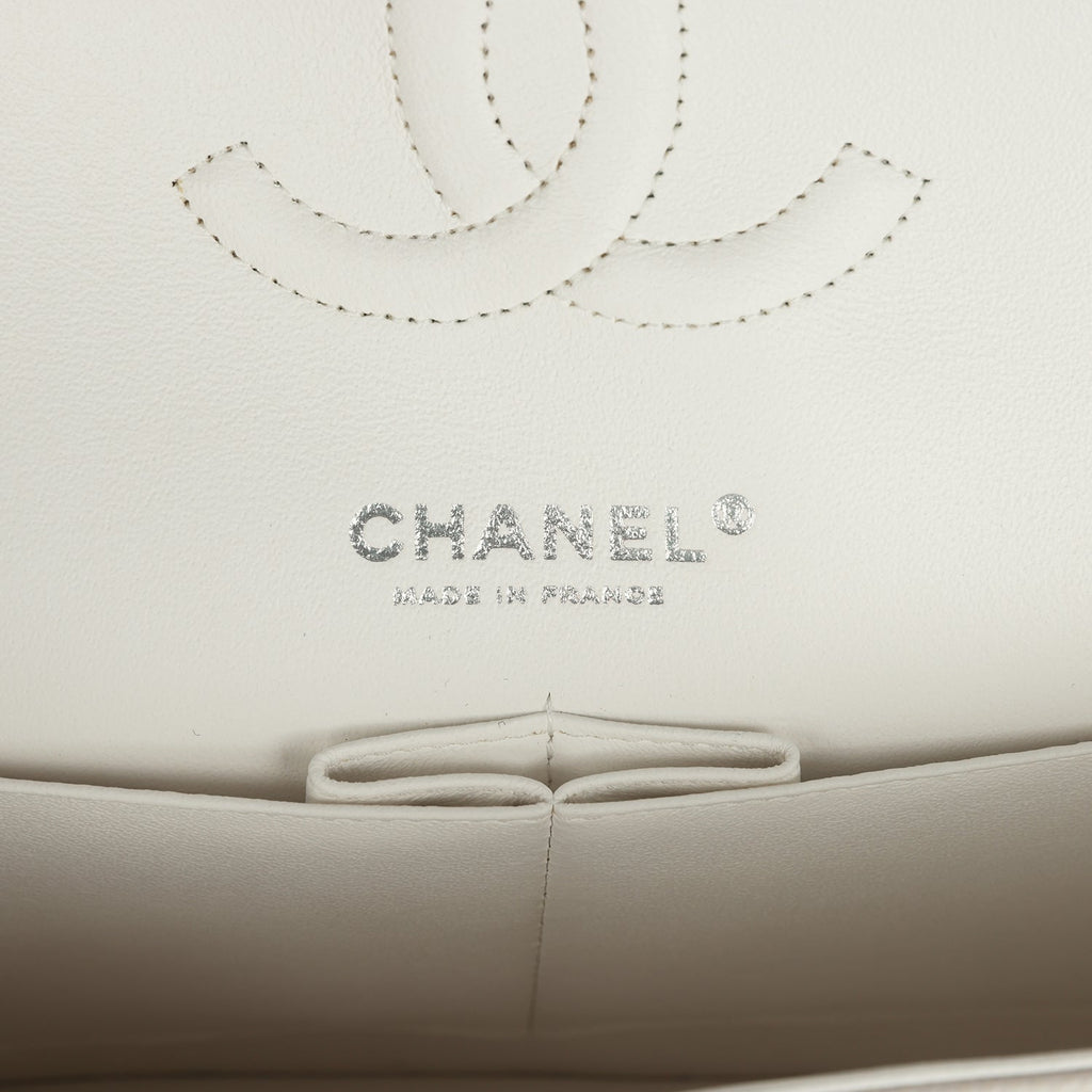 Chanel Medium Classic Double Flap White Shiny Caviar Silver Hardware
