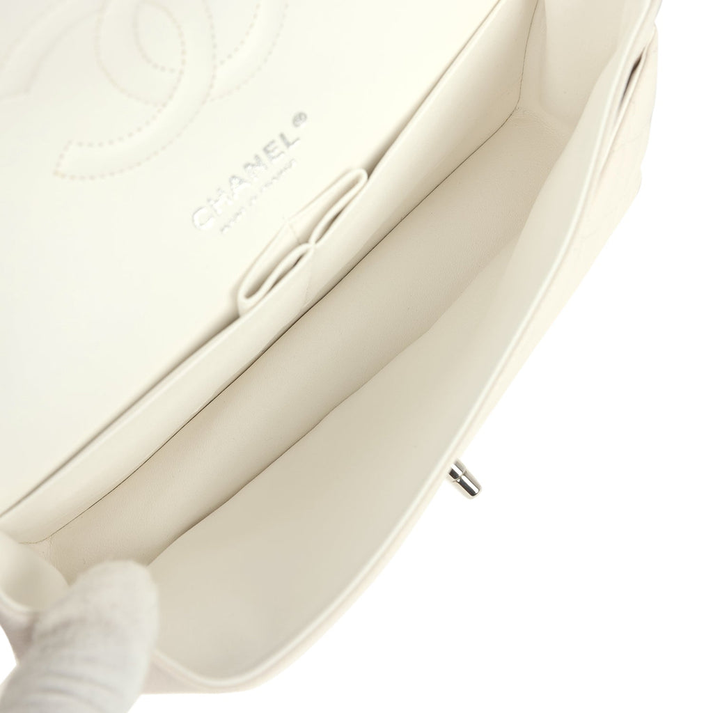 Chanel Medium Classic Double Flap White Shiny Caviar Silver Hardware