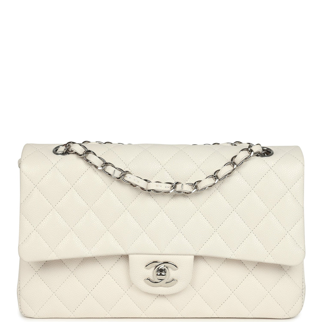 Chanel Medium Classic Double Flap White Shiny Caviar Silver Hardware