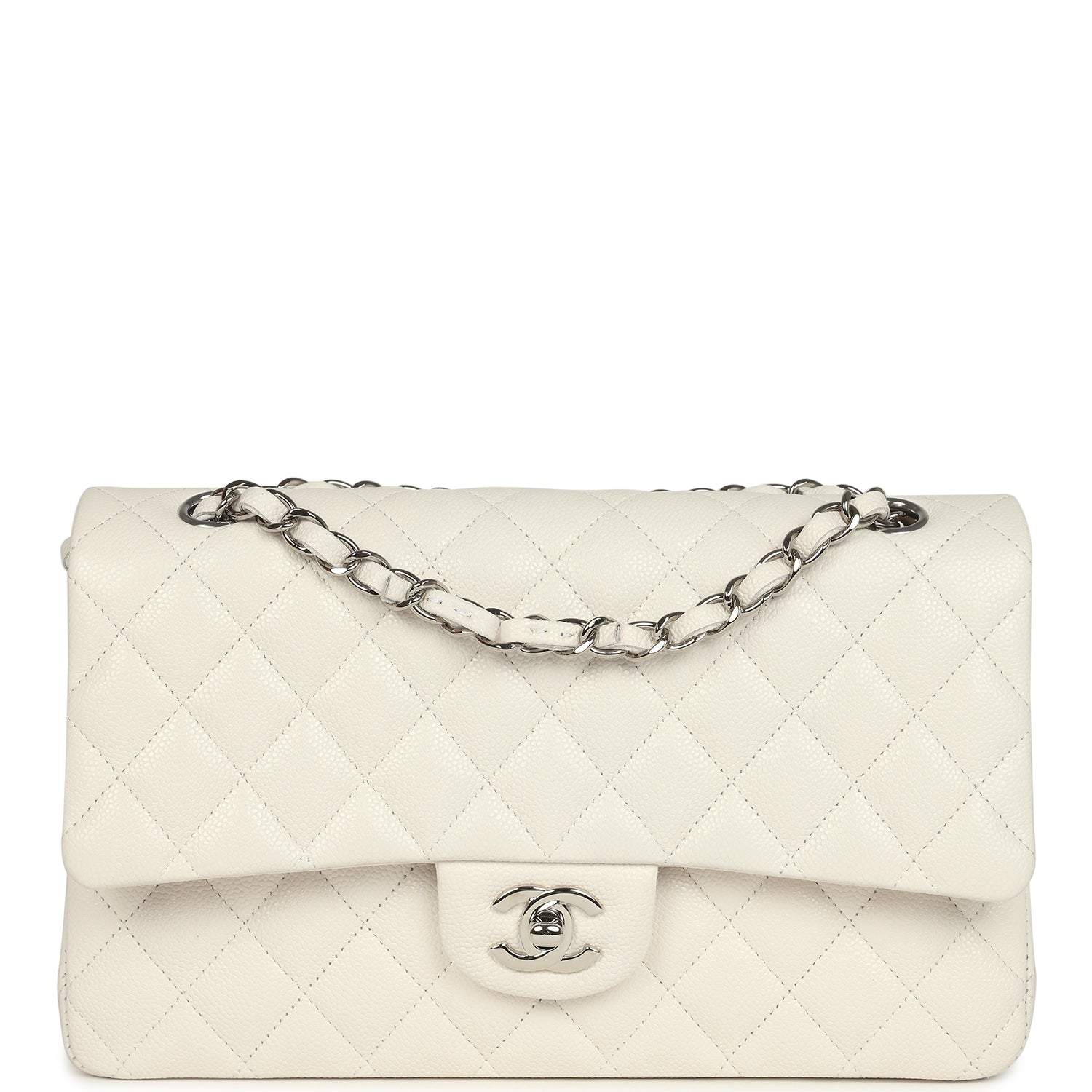 Chanel Medium Classic Double Flap White Shiny Caviar Silver Hardware