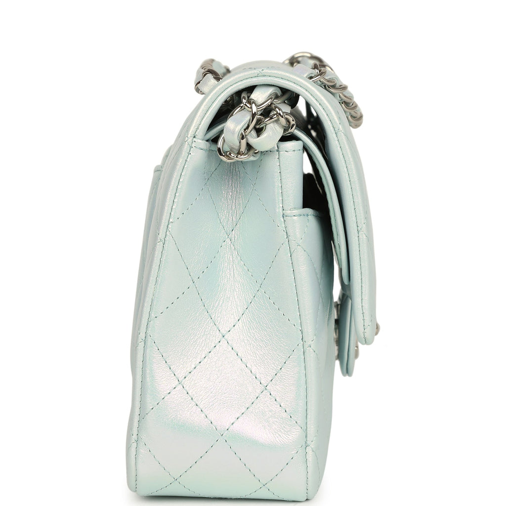 Pre-owned Chanel Medium Classic Double Flap Bag Light Blue Iridescent Calfskin Silver Hardware