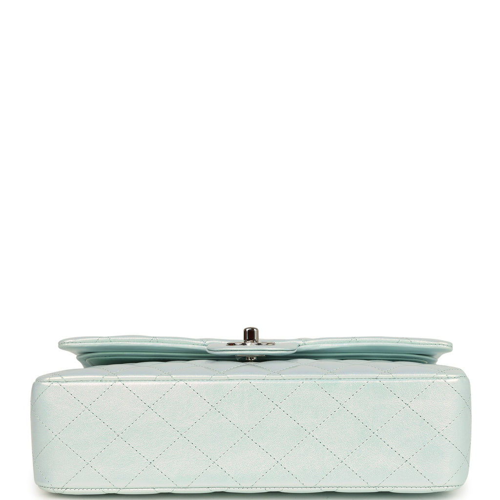 Pre-owned Chanel Medium Classic Double Flap Bag Light Blue Iridescent Calfskin Silver Hardware