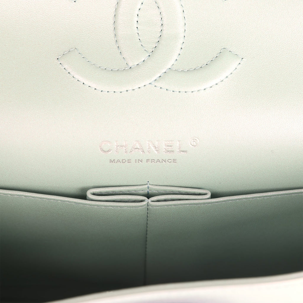 Pre-owned Chanel Medium Classic Double Flap Bag Light Blue Iridescent Calfskin Silver Hardware