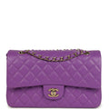 Chanel Medium Classic Double Flap Bag Dark Purple Shiny Caviar Light Gold Hardware