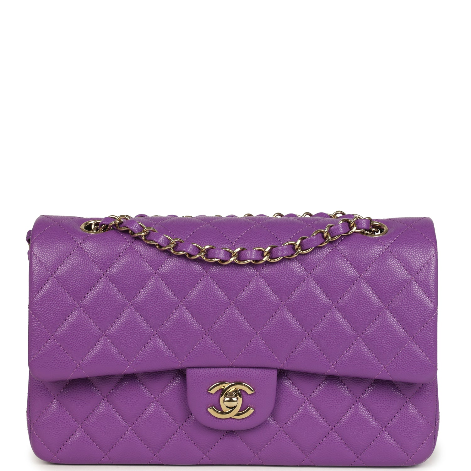 Chanel Medium Classic Double Flap Bag Dark Purple Shiny Caviar Light Gold Hardware
