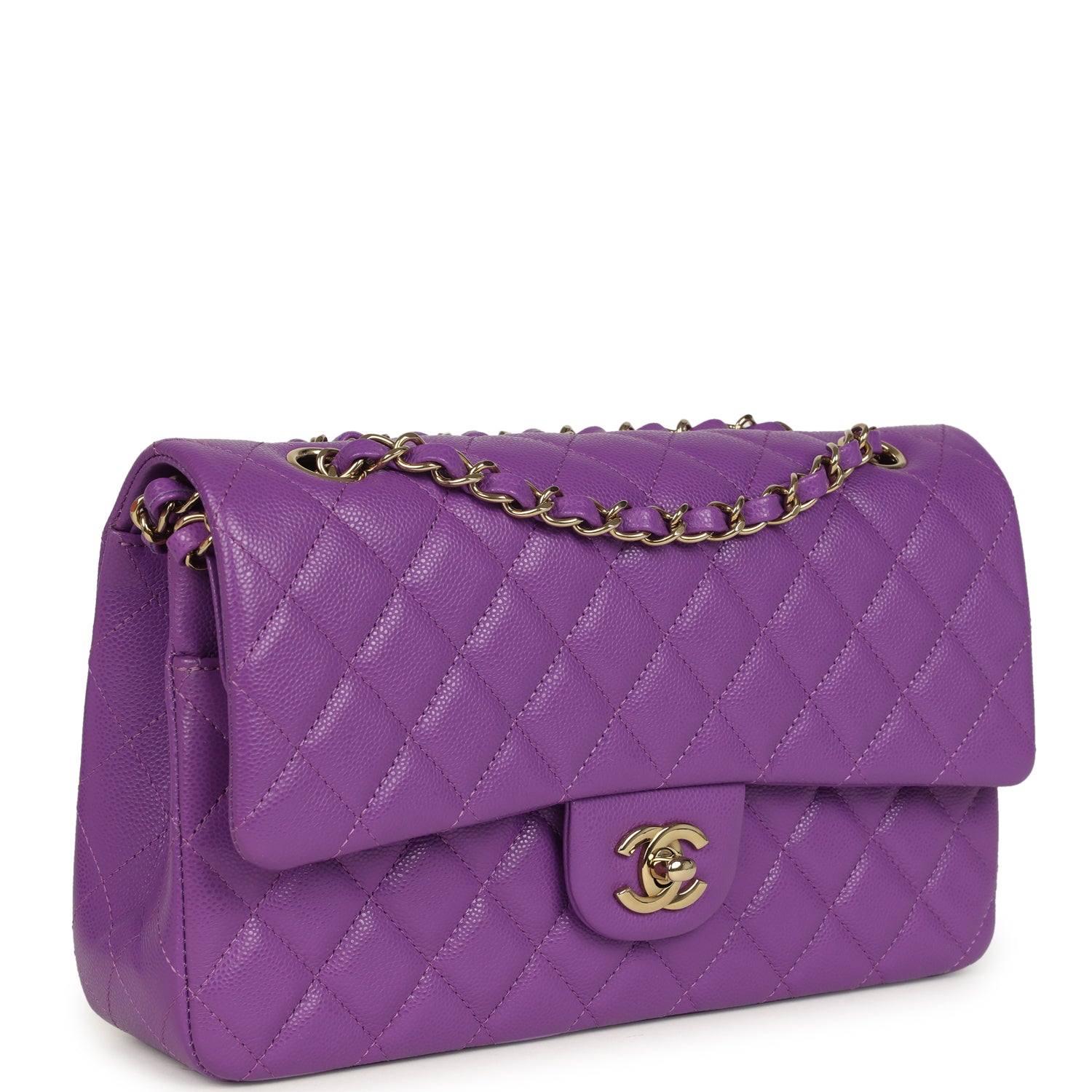 Chanel Medium Classic Double Flap Bag Dark Purple Shiny Caviar Light Gold Hardware