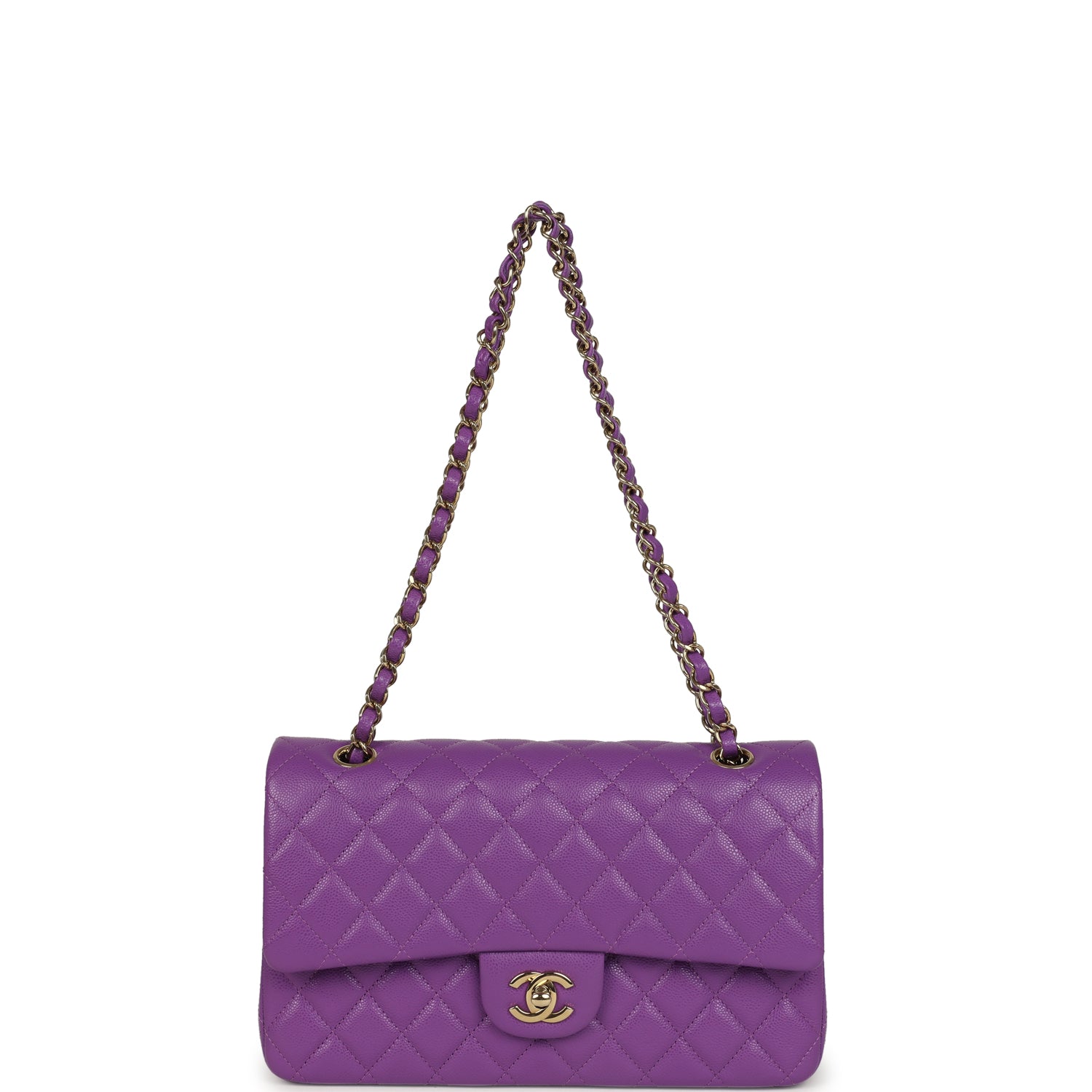 Chanel Medium Classic Double Flap Bag Dark Purple Shiny Caviar Light Gold Hardware