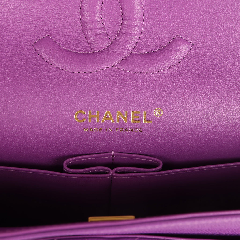 Chanel Medium Classic Double Flap Bag Dark Purple Shiny Caviar Light Gold Hardware