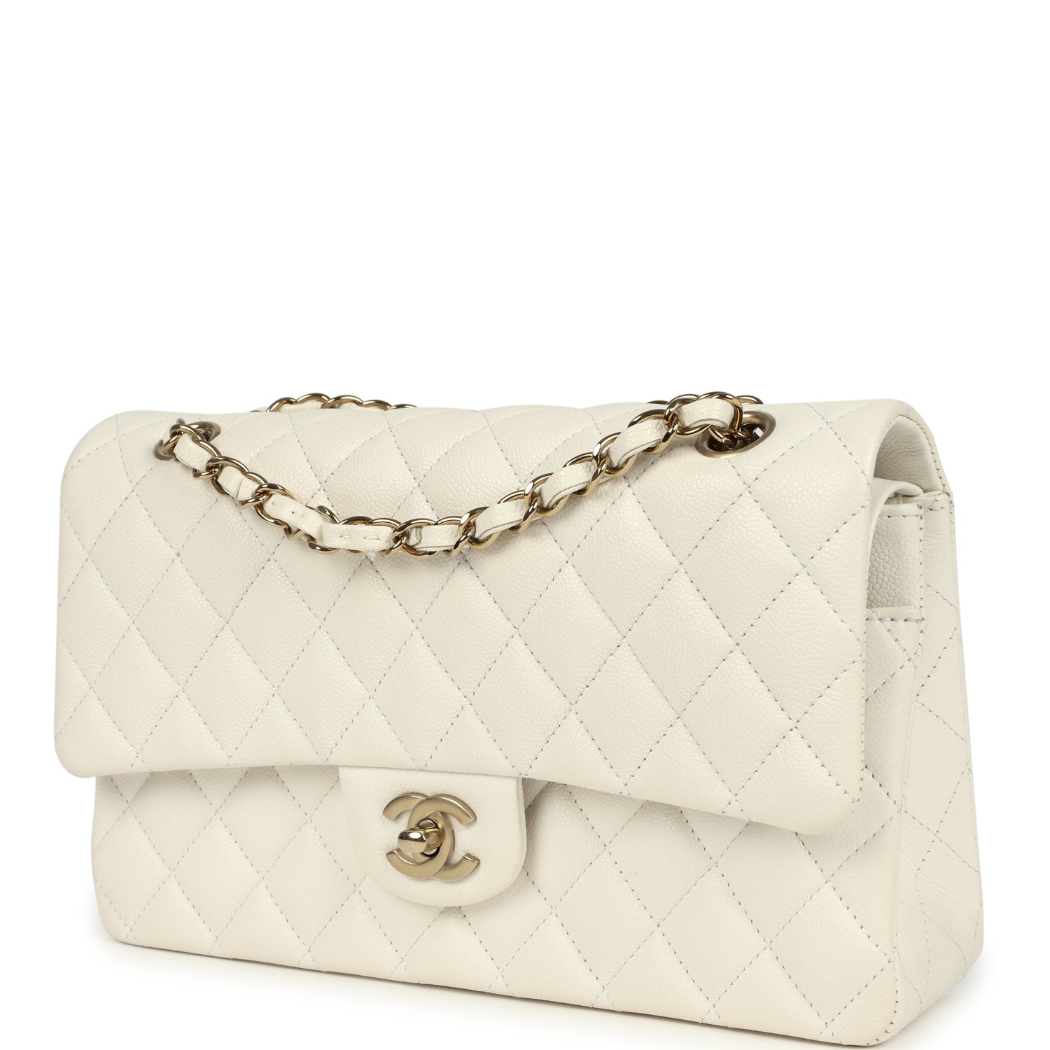 Chanel Medium Classic Double Flap White Caviar Light Gold Hardware