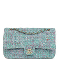 Chanel Medium Classic Double Flap Bag Blue Multi Tweed Light Gold Hardware