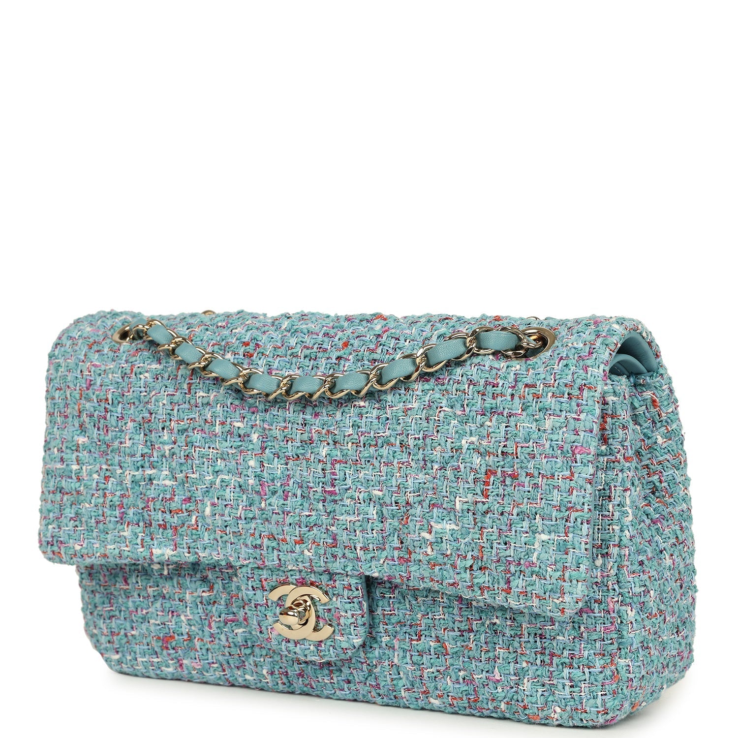 Chanel Medium Classic Double Flap Bag Blue Multi Tweed Light Gold Hardware