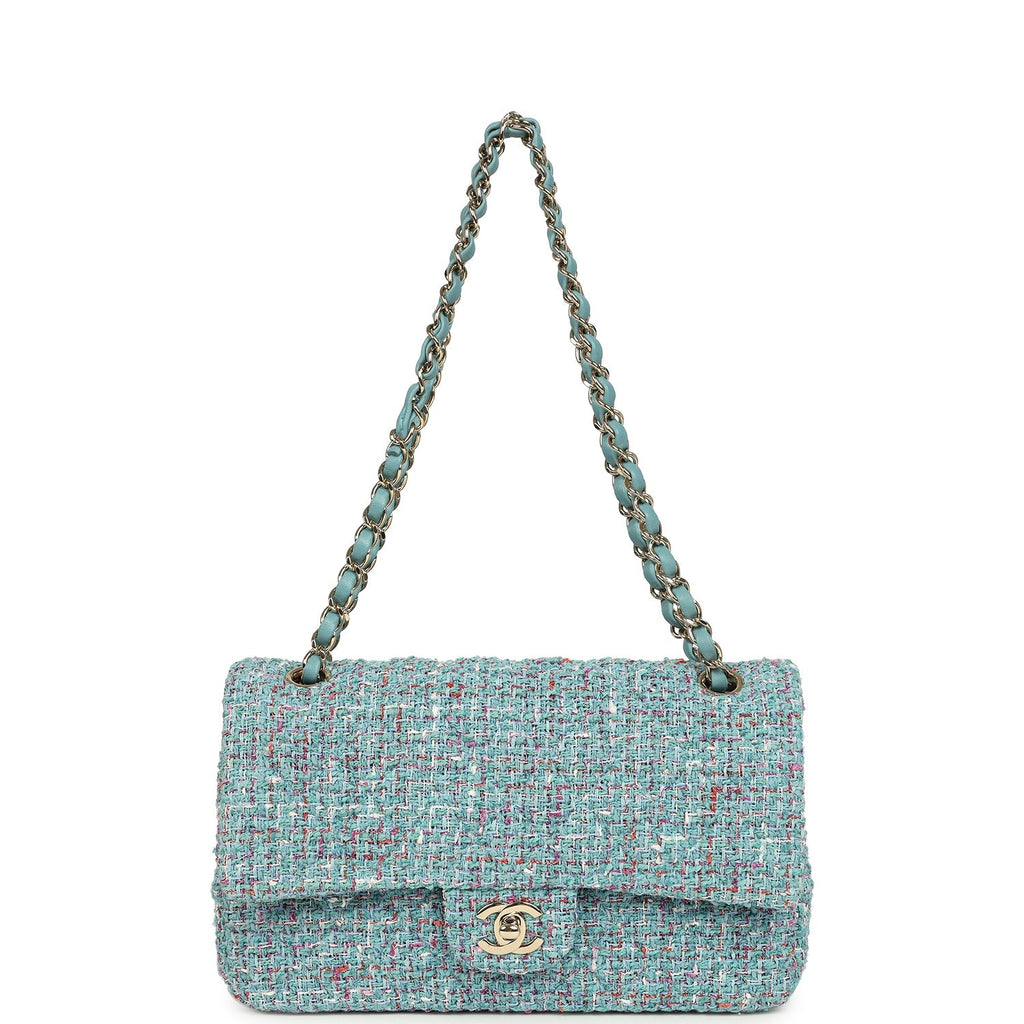 Chanel Medium Classic Double Flap Bag Blue Multi Tweed Light Gold Hardware