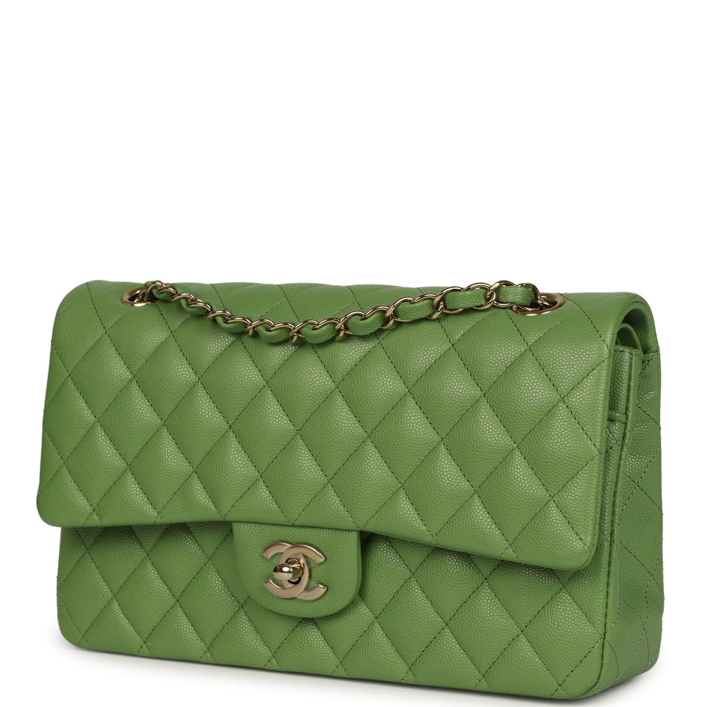 Chanel Medium Classic Double Flap Bag Green Shiny Caviar Light Gold Hardware