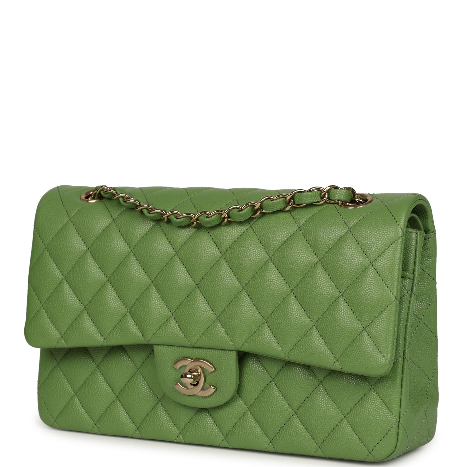 Chanel Medium Classic Double Flap Bag Green Shiny Caviar Light Gold Hardware