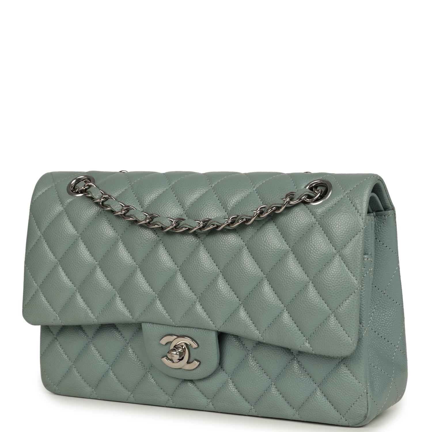 Chanel Medium Classic Double Flap Bag Blue Shiny Caviar Silver Hardware