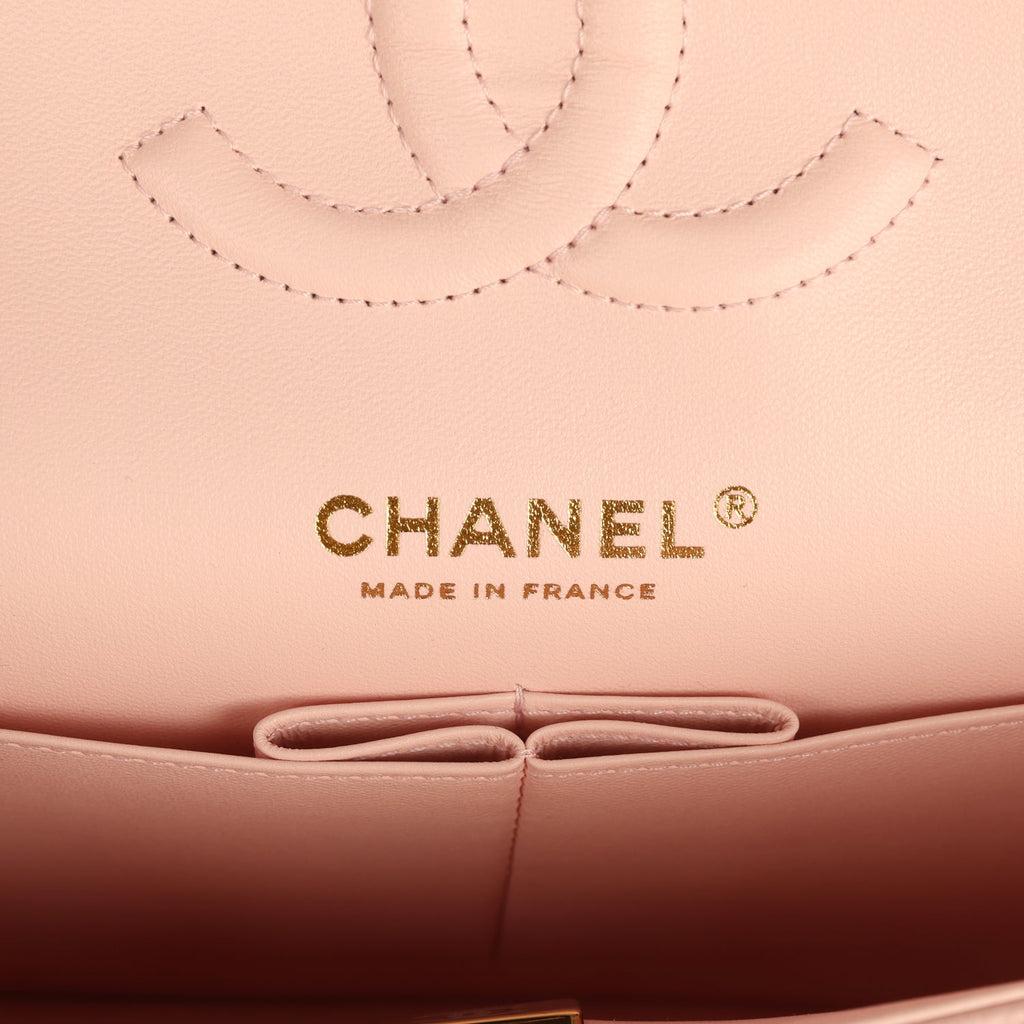 Chanel Medium Classic Double Flap Bag Light Pink Shiny Caviar Light Gold Hardware