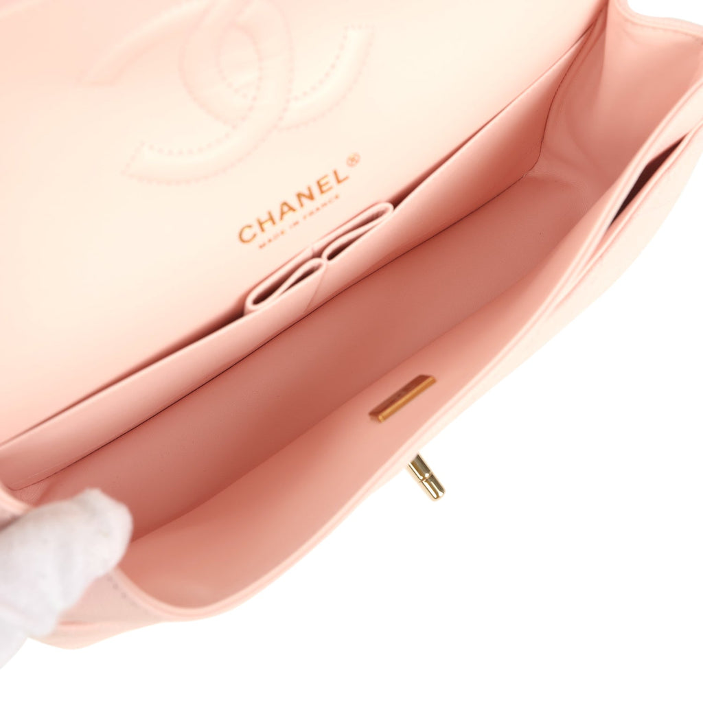 Chanel Medium Classic Double Flap Bag Light Pink Shiny Caviar Light Gold Hardware