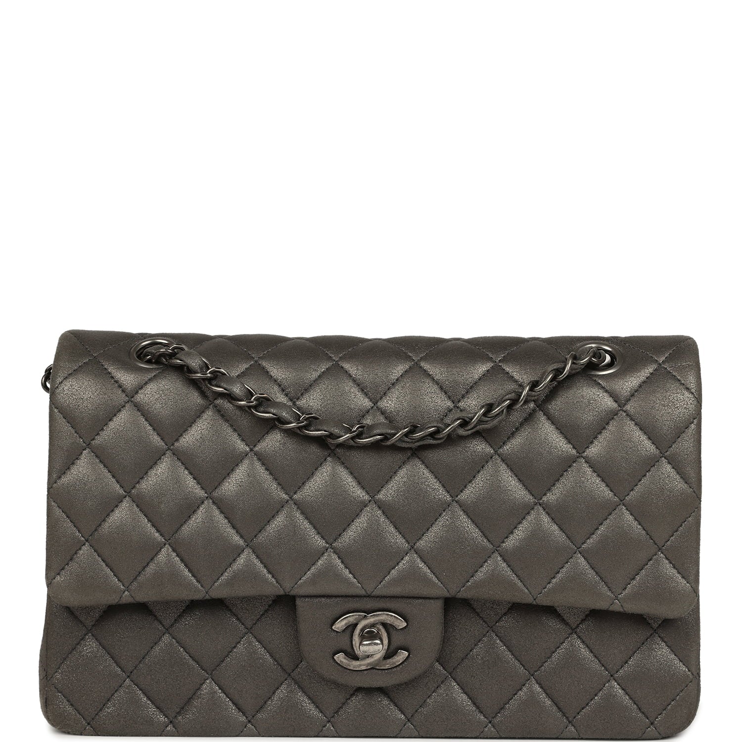 Chanel Medium Classic Double Flap Bag Charcoal Metallic Goatskin Aged Ruthenium Hardware
