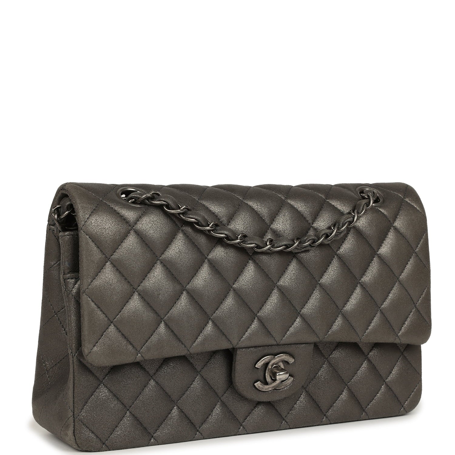 Chanel Medium Classic Double Flap Bag Charcoal Metallic Goatskin Aged Ruthenium Hardware