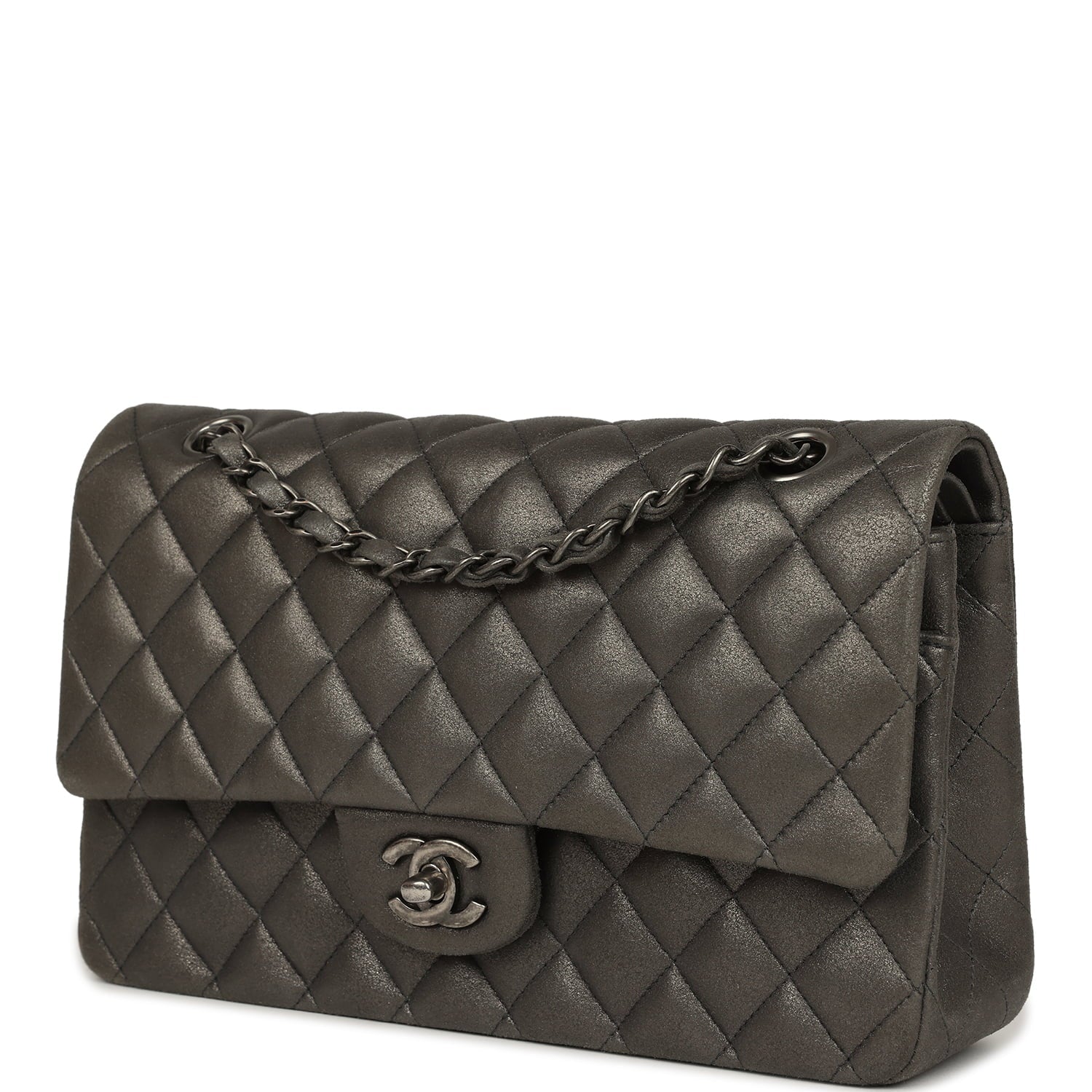 Chanel Medium Classic Double Flap Bag Charcoal Metallic Goatskin Aged Ruthenium Hardware