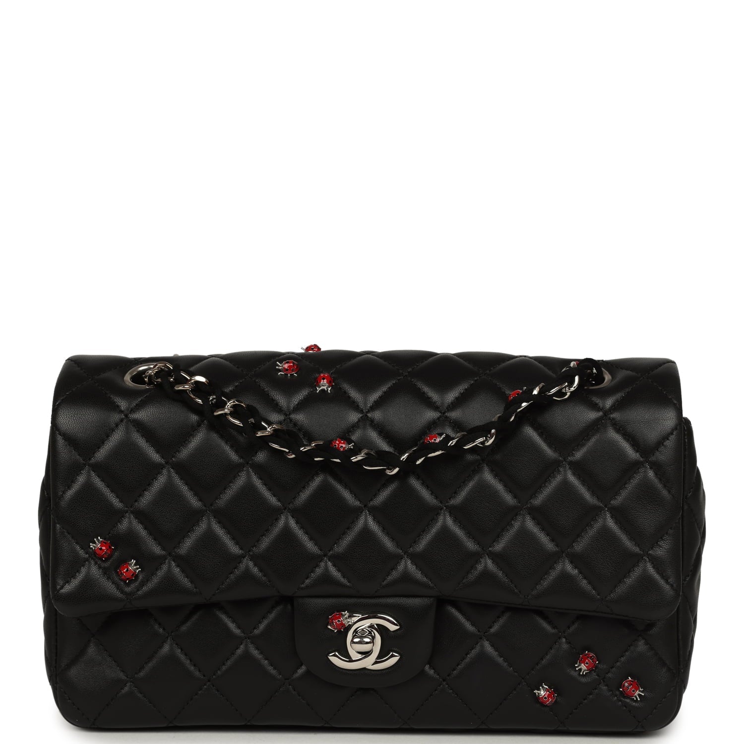 Chanel Medium Lady Bug Single Flap Bag Black Lambskin Silver Hardware