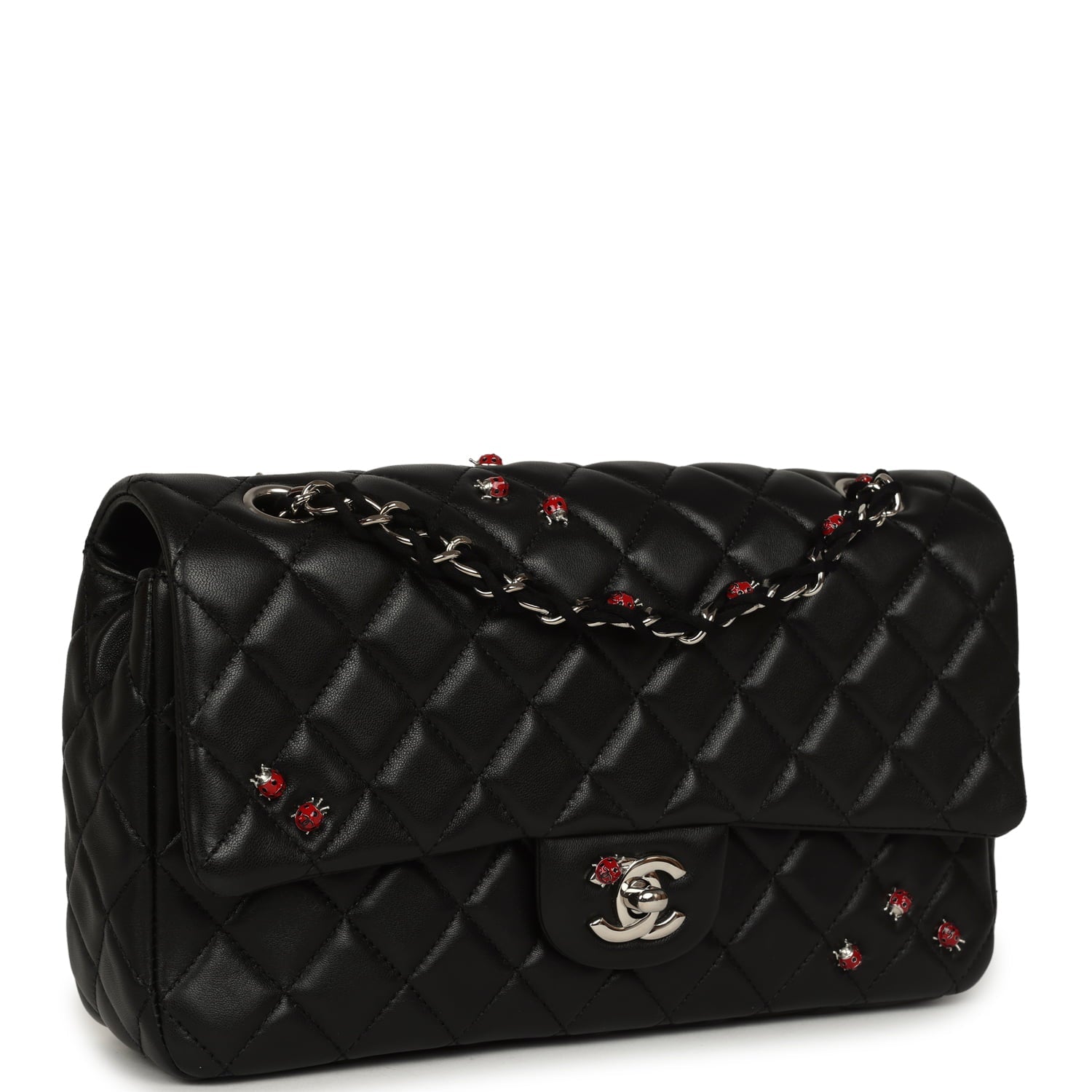 Chanel Medium Lady Bug Single Flap Bag Black Lambskin Silver Hardware