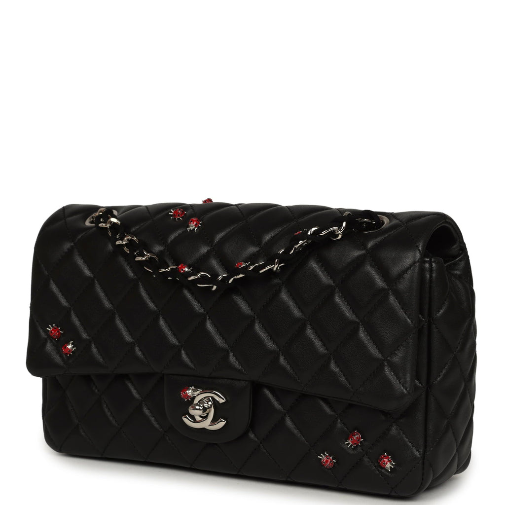 Chanel Medium Lady Bug Single Flap Bag Black Lambskin Silver Hardware
