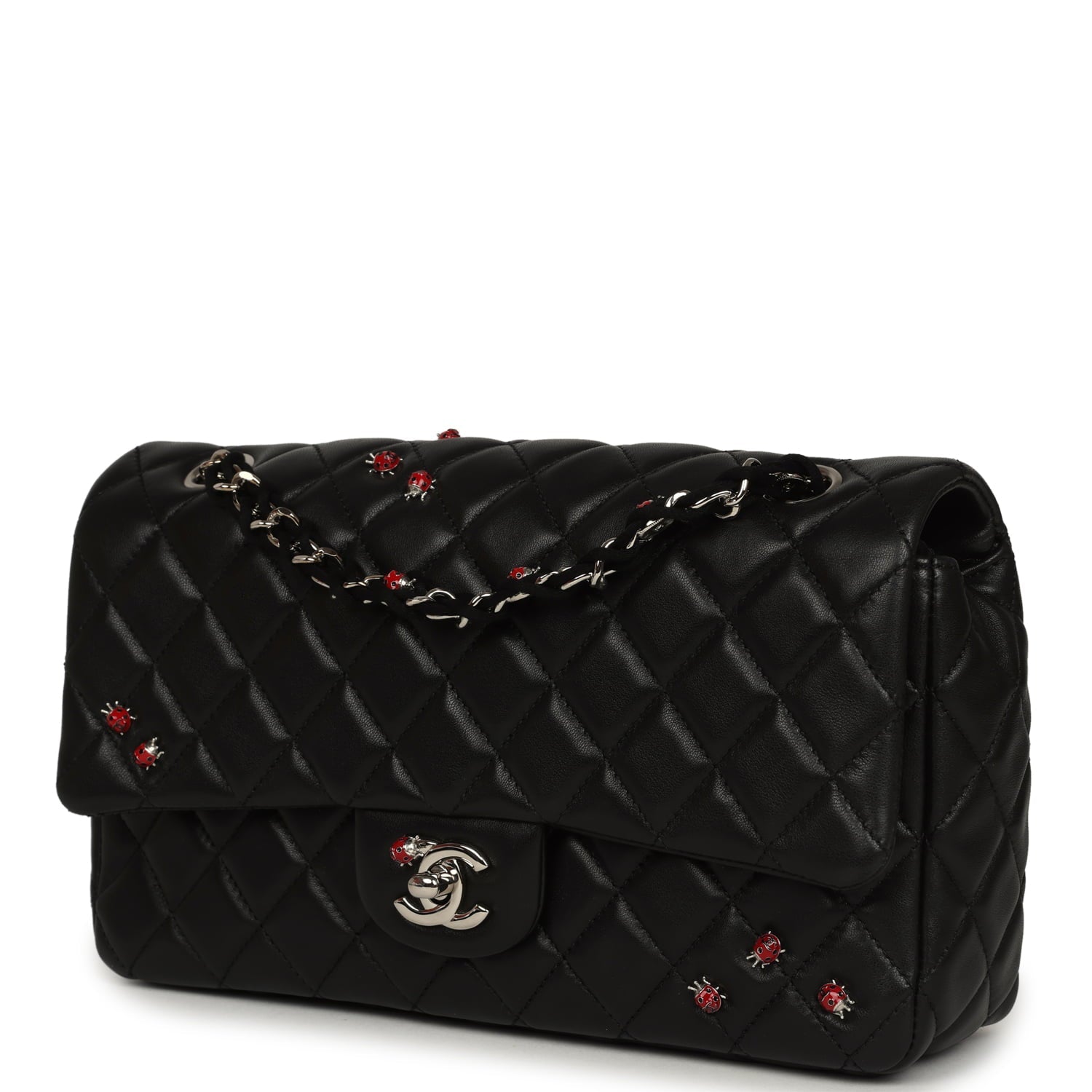 Chanel Medium Lady Bug Single Flap Bag Black Lambskin Silver Hardware