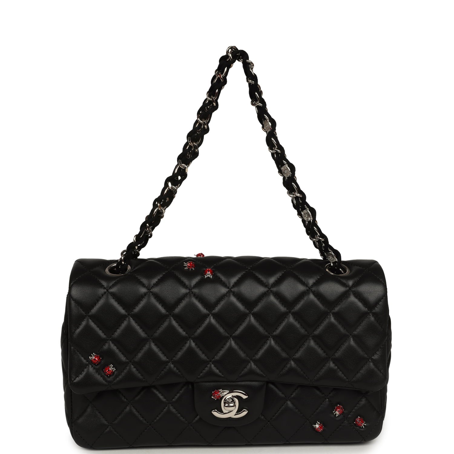 Chanel Medium Lady Bug Single Flap Bag Black Lambskin Silver Hardware