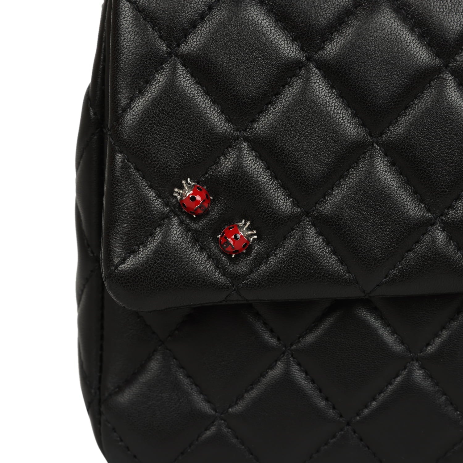 Chanel Medium Lady Bug Single Flap Bag Black Lambskin Silver Hardware