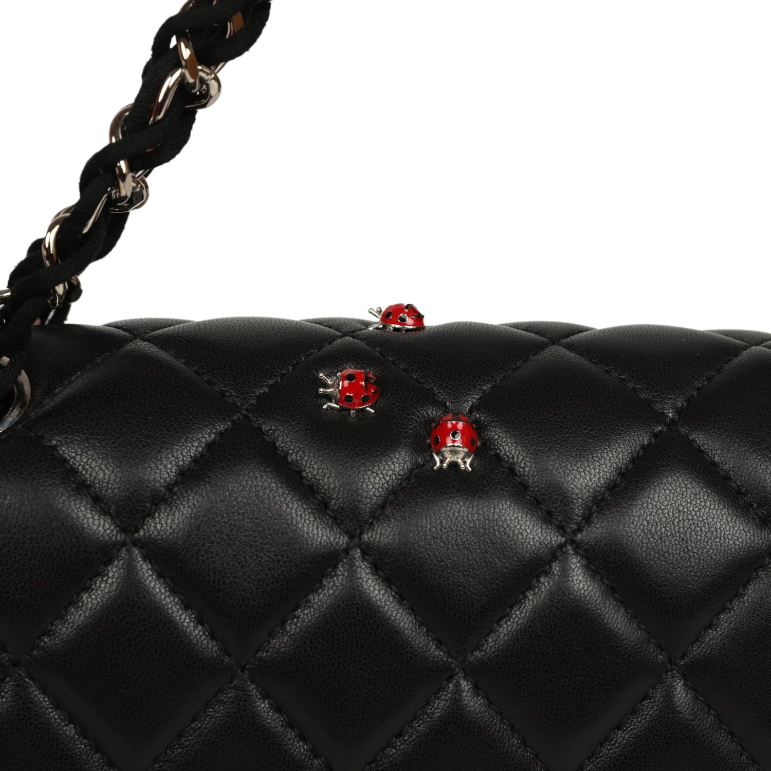 Chanel Medium Lady Bug Single Flap Bag Black Lambskin Silver Hardware