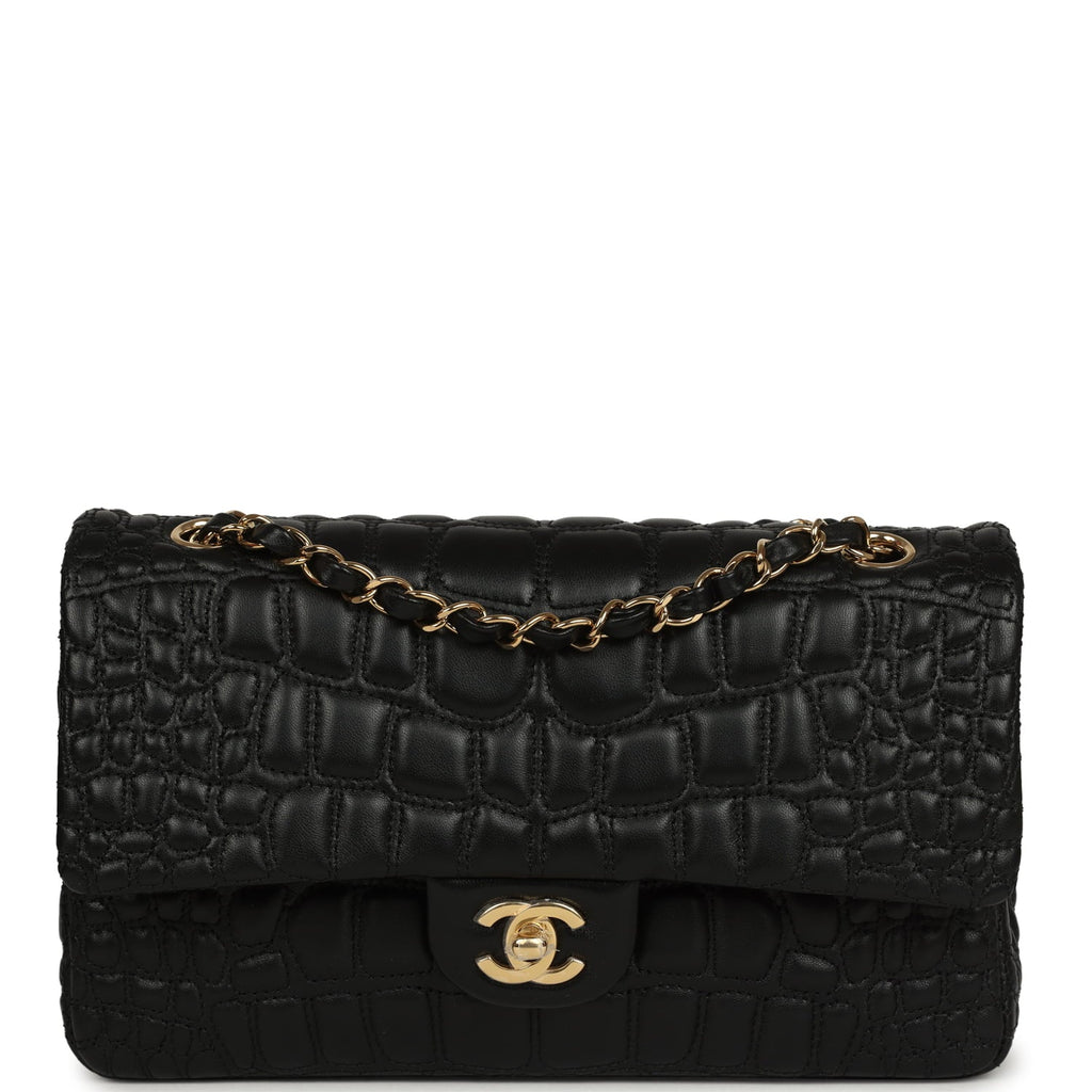 Chanel Medium Classic Croc Embossed Double Flap Bag Black Lambskin Gold Hardware